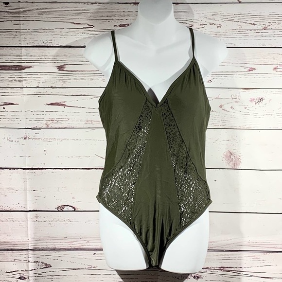 Mossimo Olive Mesh Inset One Piece Swimsuit Large - Picture 3 of 5